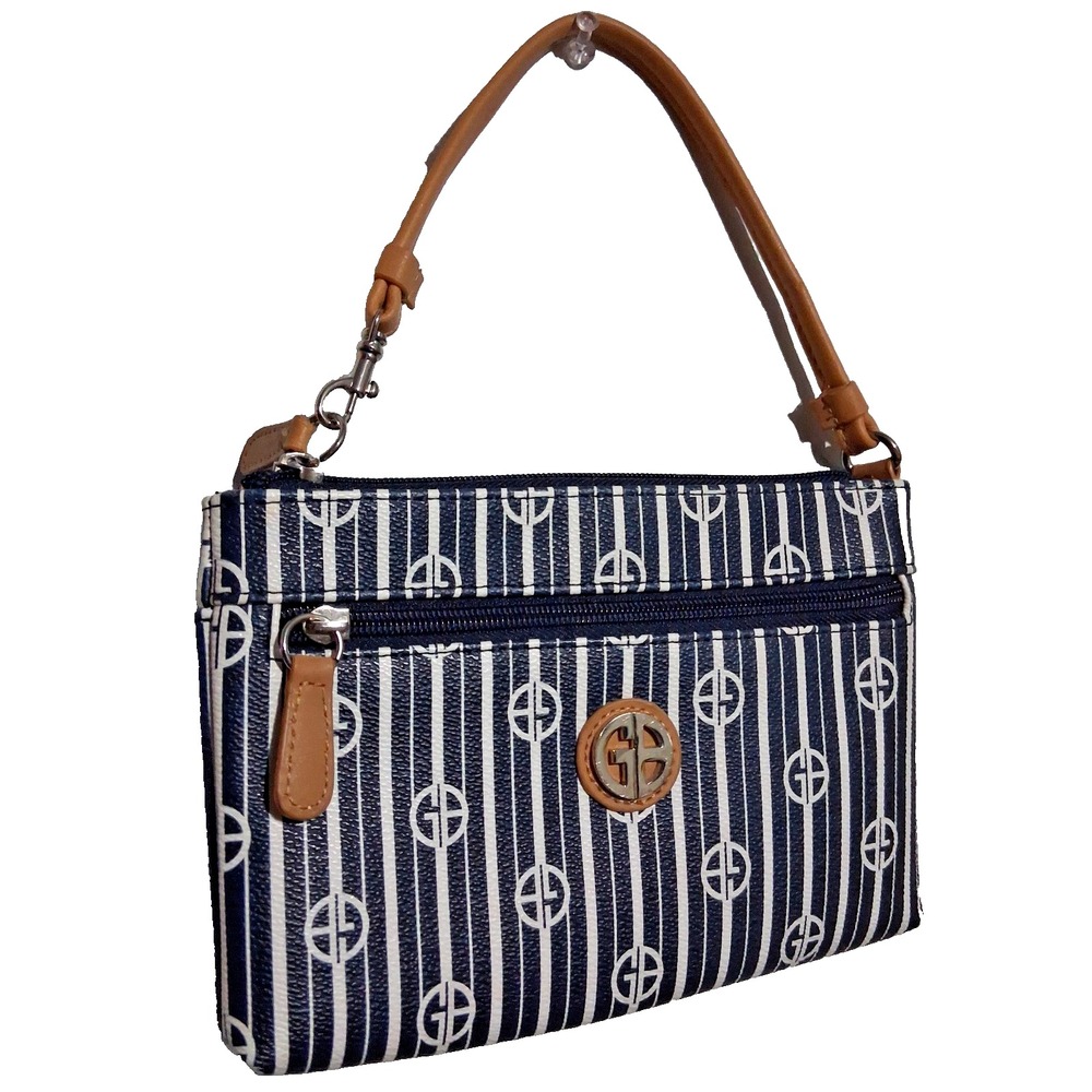 Giani Be1.44rnini Wristlet Purse Navy White Tan Pockets Small Signature Logo